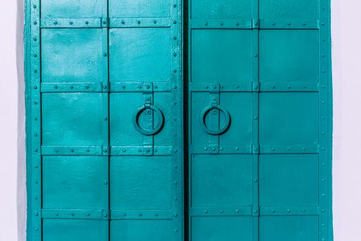 fresh painted old riveted iron double door with two rings