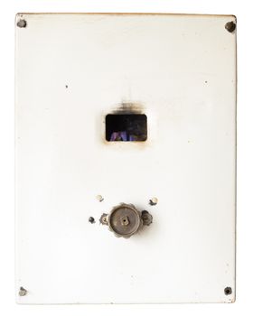 Fired up old russian gas water heater with flat front panel isolated on white background