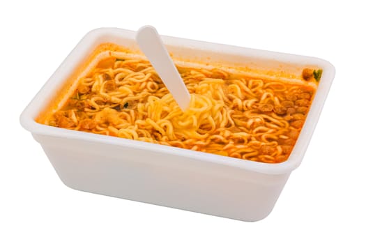cooked instant noodle in rectangular styrofoam cup isolated on white background with fork