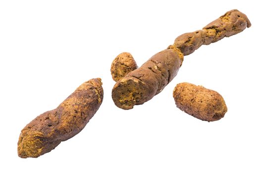 Dry solid poop pieces isolated on white background