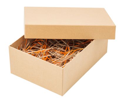opened cardboard box with colored paper straw isolated on white background