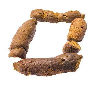 Cat poop isolated on white background in form of O character 