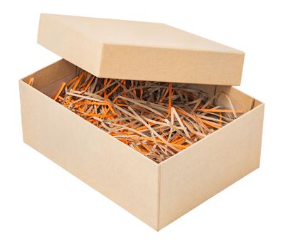 opened cardboard box with colored paper straw isolated on white background