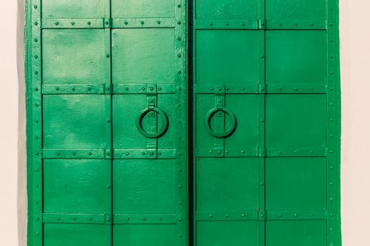 fresh painted old riveted iron double door with two rings