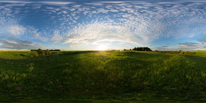 Sunset on meadow full spherical panorama. 360 by 180 degree angle of view in equirectangular projection. May be used in virtual reality or 3D-graphics content as photorealistic background.