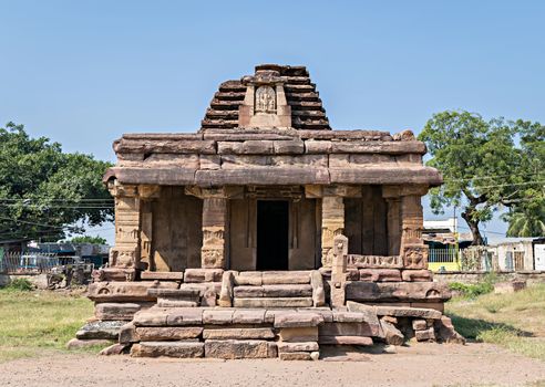 Ancient 8th century carved stone temple of Aihole, Karnataka, India. The exquisite sculpted monument has been excavated.