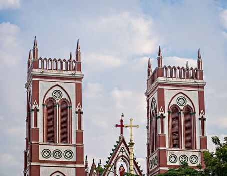 Towers of Basilica of the Sacred Heart of Jesus church situated on the south boulevard of Pondicherry, India.