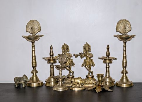 Assorted Indian Pooja articles items set made up of brass.