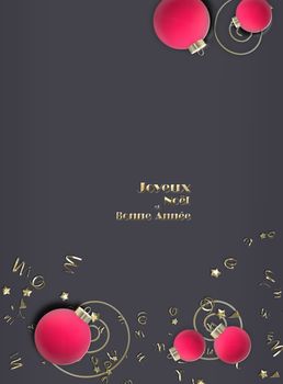 Elegant French Christmas wishes with 3D realistic pink Xmas balls, gold shiny confetti. Text Merry Christmas Happy New Year in French language Joyeux Noel et Bonne Annee. Place for text. 3D render