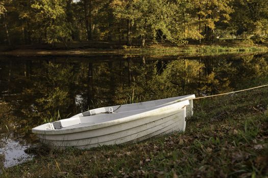 two boats in a pond in the autum forest with red brown and golden colors in national park de veluwe in holland