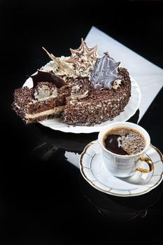 Cup of coffee and chocolate cake on a glass background