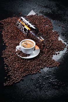 Coffee and coffee beans ona studio background