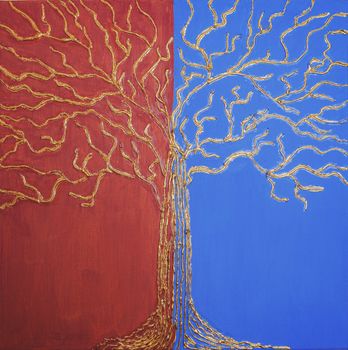 silhouette of golden tree on blue and red background. Painting of a beautiful abstract painting with golden foil and acrylic paint. Concept of wealth. real art