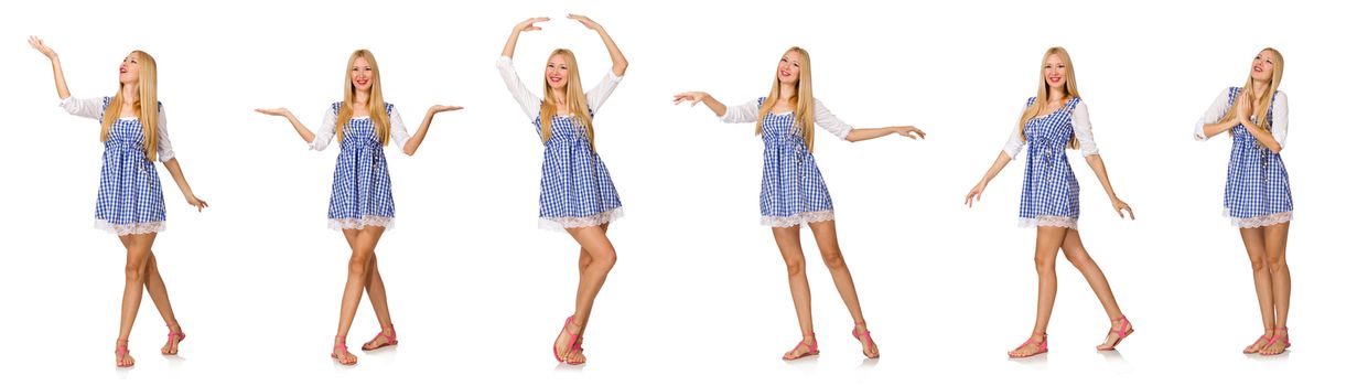 Caucasian woman in plaid blue dress isolated on white