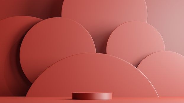 Minimal scene with podium and abstract background round shapes. Red colors scene. 3d rendering.