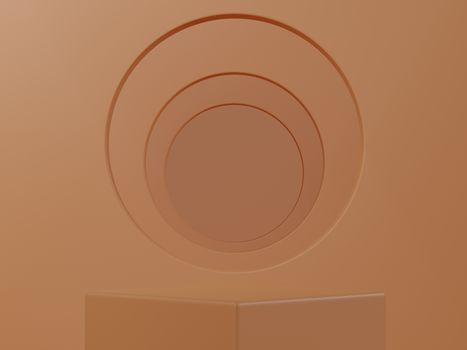 3d rendering. Show cosmetic product, empty scene. Pastel orange minimal wall. Fashion showcase, display case.