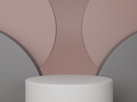 Minimal scene with podium and abstract background round shapes. Pink, grey and white colors scene. 3d rendering.