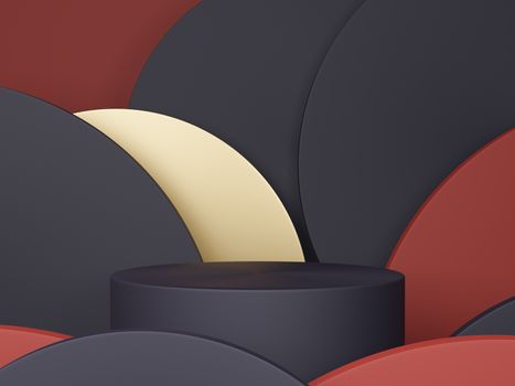 Minimal scene with podium and abstract background round shapes. Black, red and gold colors scene. 3d rendering.