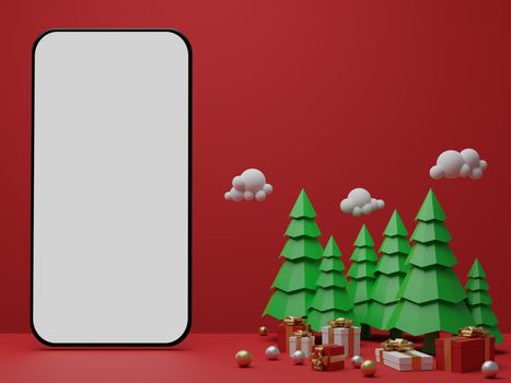 Red background with empty white screen mobile mockup, gift box and Christmas trees for advertisement. 3D rendering.
