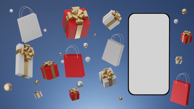 Blue background with empty white screen mobile mockup, gift box and shopping bag for advertisement. 3D rendering.