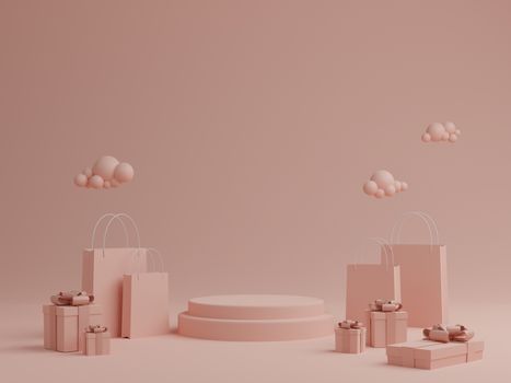 Minimal pink pastel background with podium, gift box and shopping bag for product. 3D rendering.