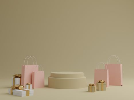 Minimal pastel background with podium, gift box and shopping bag for product. 3D rendering.