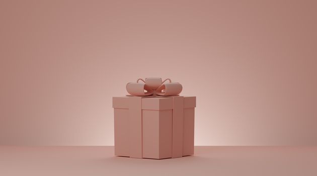 Christmas and New Year present box, pink gift box with ribbon over minimal pink background. 3d rendering.