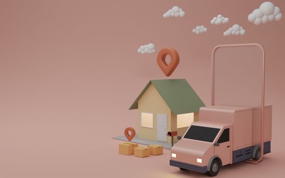 Online delivery service app concept, Delivery van and mobile phone with pin on house. 3D rendering