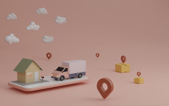 Online delivery service app concept, Delivery van and mobile phone with pin on house. 3D rendering