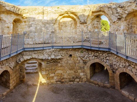 View of the octagonal guard tower of Antipatris Fort (Binar Bashi), in Yarkon (Tel Afek) National Park, central Israel