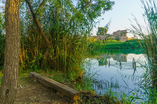 View of the lake and the Antipatris Fort (Binar Bashi), in Yarkon (Tel Afek) National Park, central Israel