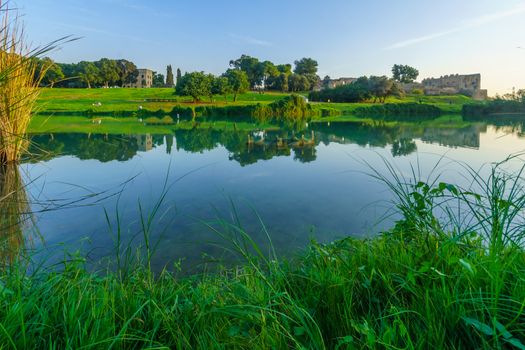 View of the lake and the Antipatris Fort (Binar Bashi), in Yarkon (Tel Afek) National Park, central Israel