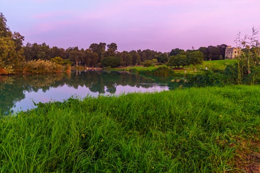 Sunset view of the lake, with the Antipatris Fort (Binar Bashi), in Yarkon (Tel Afek) National Park, central Israel