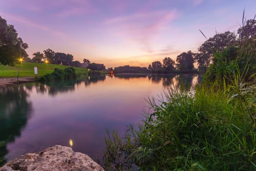 Sunset view of the lake, in Yarkon (Tel Afek) National Park, central Israel