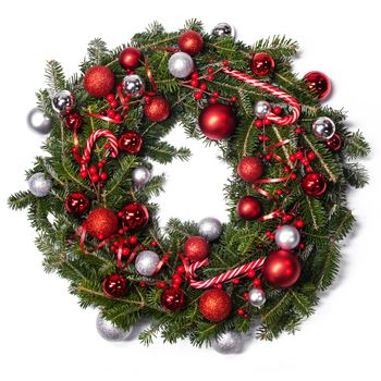 Christmas green fir tree wreath and decoration isolated on white background