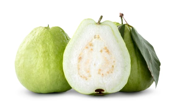 Beautiful delicious guava fruit with fresh green leaves isolated on white background, clipping path, cut out.