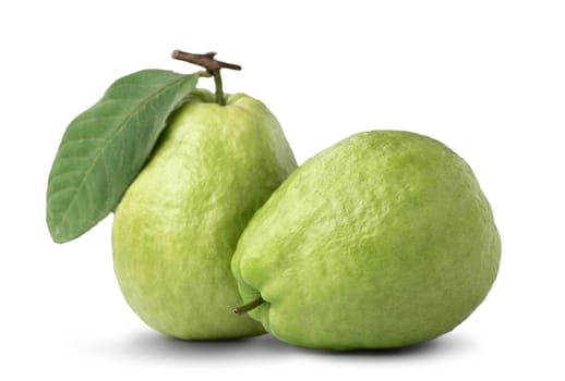 Beautiful delicious guava fruit with fresh green leaves isolated on white background, clipping path, cut out.