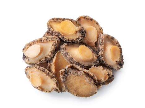 Close up of beautiful raw abalone seafood isolated on white background, clipping path cut out.