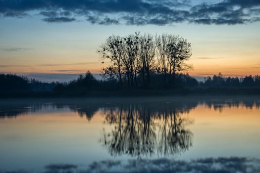 Trees on the shores of a calm lake, fog and clouds, view after sunset