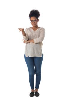 Full length portrait of african american mixed race woman confused clueless fruastrated isolated on white background, casual people