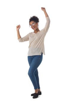 Full length portrait of african american mixed race woman keeping her arms raised isolated on white background, casual people