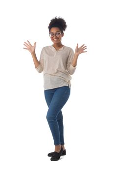 Full length portrait of african american mixed race woman cheering smiling with palms open isolated on white background, casual people