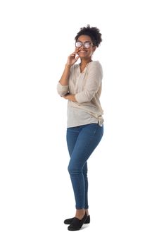 Full length portrait of african american mixed race woman laughing isolated on white background, casual people