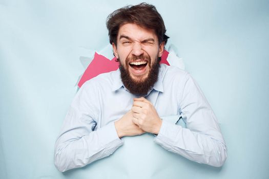 man looking out of the wall wearing shirt office emotions lifestyle work. High quality photo