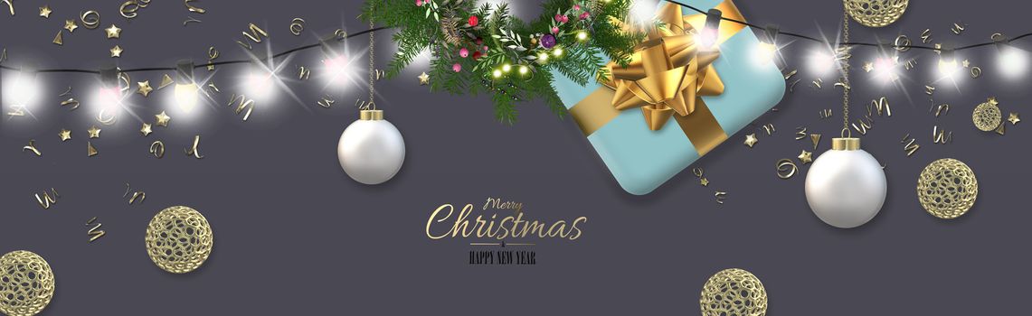 Christmas holiday ornament with Xmas gift box, 3D Xmas balls, gold ornament on pastel dark black background. 3D render. Festive horizontal banner for card, invitation, banner. Place for text.