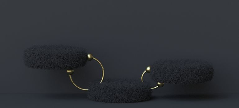 Abstract background three furry cylinders connected with golden rings 3D render illustration on black background