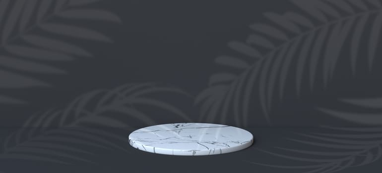 Abstract background white marble stand with palm leaves decoration 3D render illustration on black background