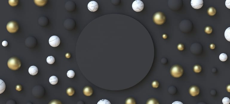 Abstract background circle blank sign with golden, black and white marble balls 3D render illustration on black background