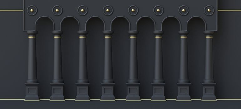 Abstract background columns with golden details 3D render illustration on black background