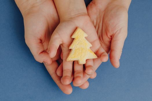 mother and child holding a Christmas tree cookie in hands, blue paper background